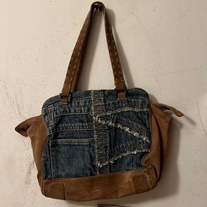 Blue denim and brown suede Express shoulder bag